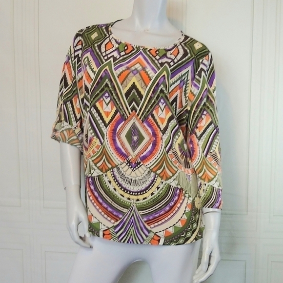 Chico's SZ 2 = Medium Multicolor Geometric Print Blouse Roll Tab Sleeve Layered - Picture 10 of 10